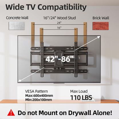 USX STAR Full Motion TV Wall Mount 24 inch Studs for Most 42-86 Inch TVs, Adjustable TV Wall Mount Swivel and Tilt, Loading 110 LBS, Max VESA 600x400mm, Fits 16", 18", 24" Studs