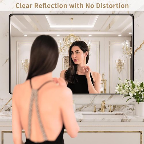 LOAAO Black Metal Framed Bathroom Mirror - 55X36 Inch Large Rounded Rectangle, Anti-Rust Tempered Glass