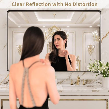 LOAAO Black Metal Framed Bathroom Mirror - 55X36 Inch Large Rounded Rectangle, Anti-Rust Tempered Glass