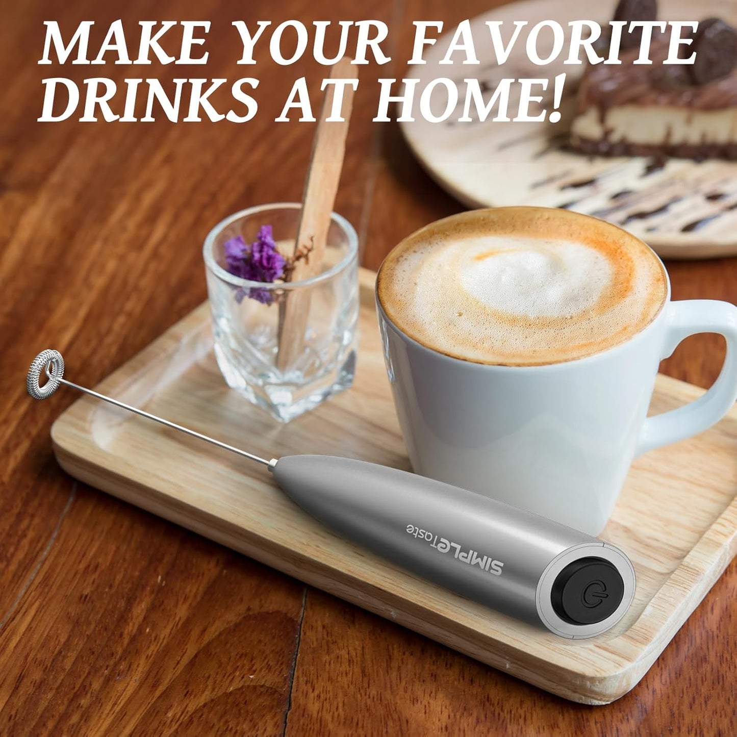 SIMPLETASTE Electric Milk Frother - Handheld Foam Maker with Stainless Steel Whisk for Cappuccino & Latte - Silver