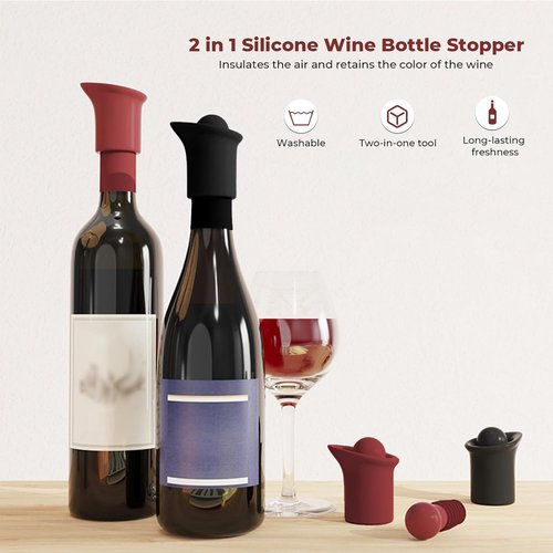 2 Pack 2 in 1 Silicone Wine Bottle Stoppers & Pourers, Upgraded Reusable Wine Preserver, Champagne Stoppers with Vacuum, Ideal Gift Accessory for Wine Lovers (Black&Red)