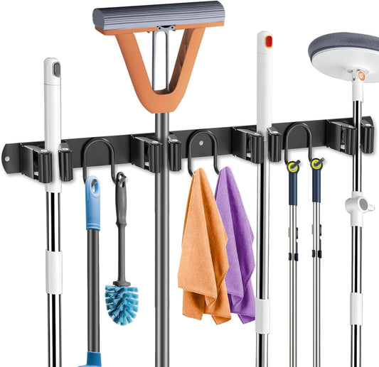 Skiennix Broom Holder Wall Mount - Stainless Steel Mop Hanger with 4 Slots & 6 Hooks | Black 1-Pack for Home Organization