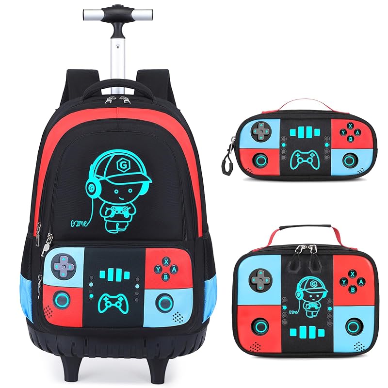 Rolling Backpack for Boys - 3-in-1 Kids Rolling Backpack with Wheels, Red/Blue