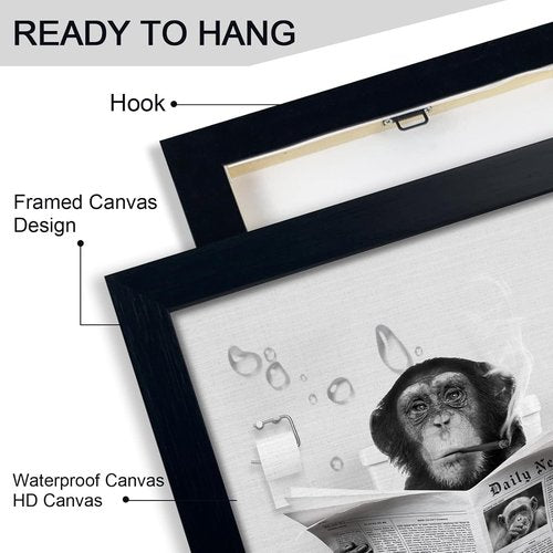 Funny Monkey Framed Wall Art - Humorous Black and White Bathroom Decor | Rustic 8"x10" Frame
