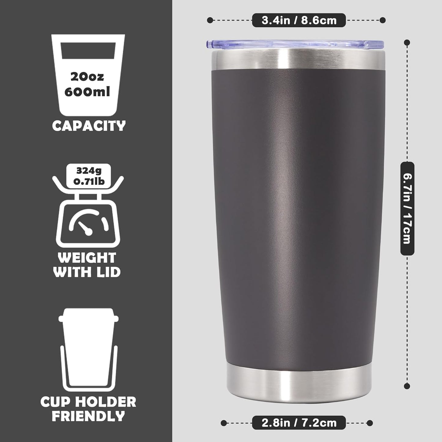 Skiennix 20oz Stainless Steel Tumbler - Vacuum Insulated Travel Mug for Hot & Cold Drinks | Grey