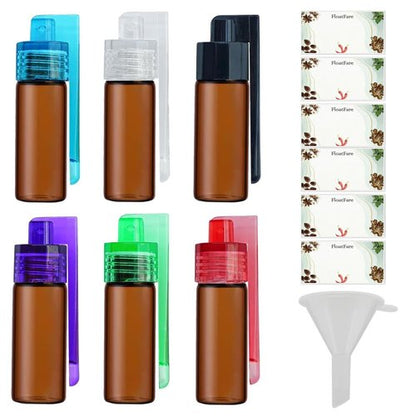 6-Pack Mini Brown Glass Salt & Pepper Shakers with Built-In Spoon, funnel and Sticker, 5ml Leak-Proof Travel Spice Dispensers for Outdoor & Camping