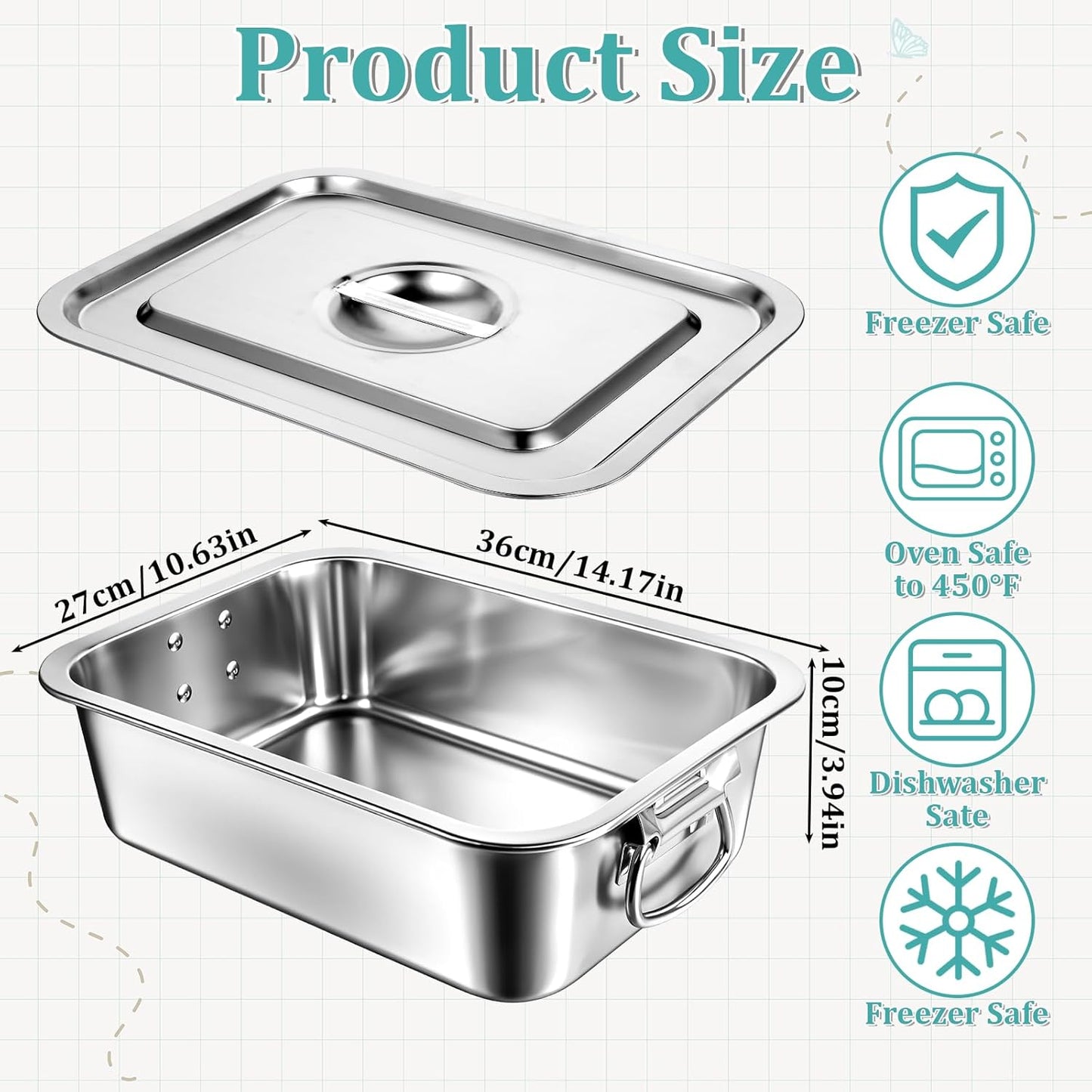 Skiennix 4 Inch Extra Deep Lasagna Pan - Stainless Steel Baking Dish with Lid & Handles | 14x10.6 Inch