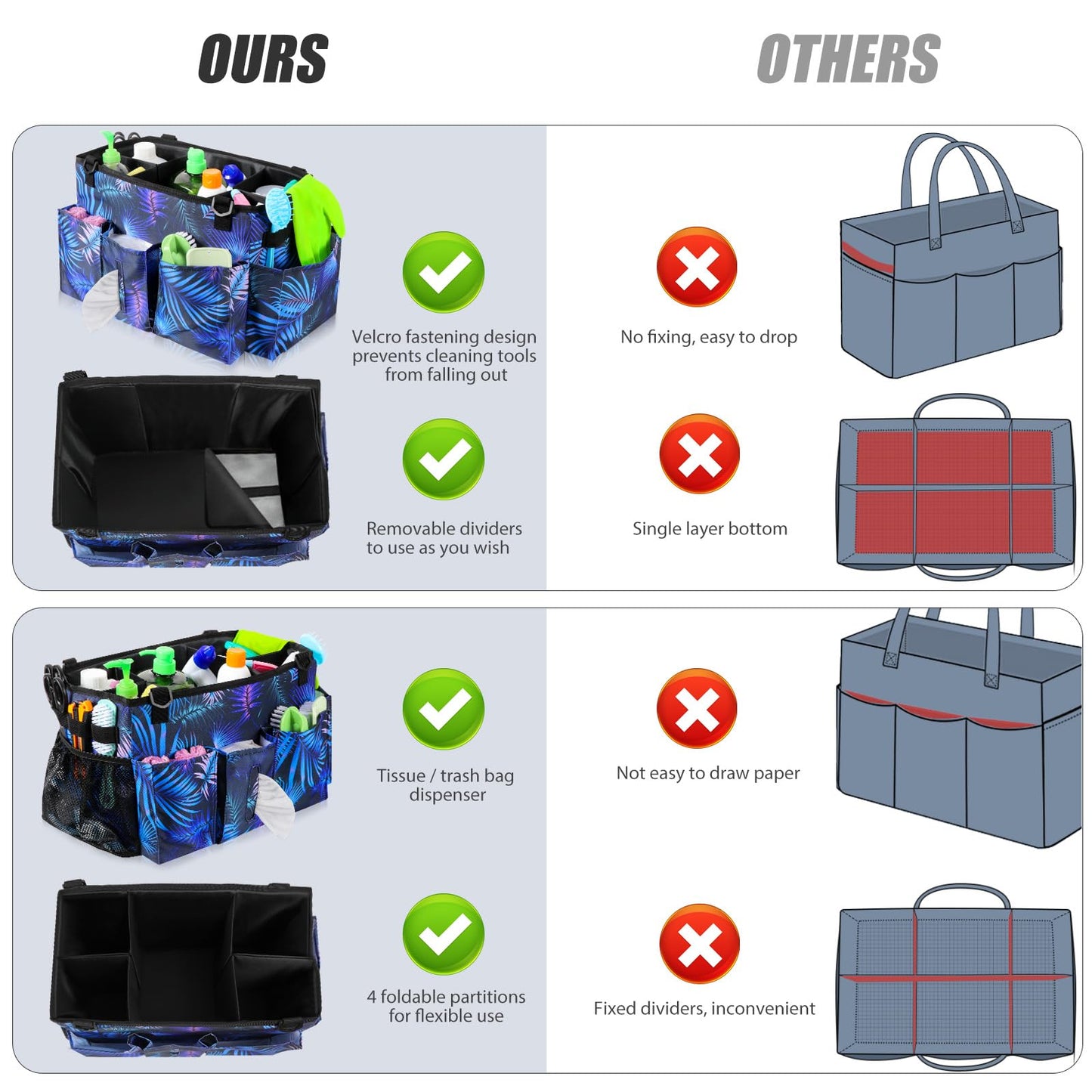 Wearable Cleaning Caddy Bag with Handle, Multi-functional Cleaning Supplies Caddy Organizer with Handle and Shoulder Strap for Car Wash, Gardening Tools, Painting/Picnic Items, Beach (Blue Leaves)