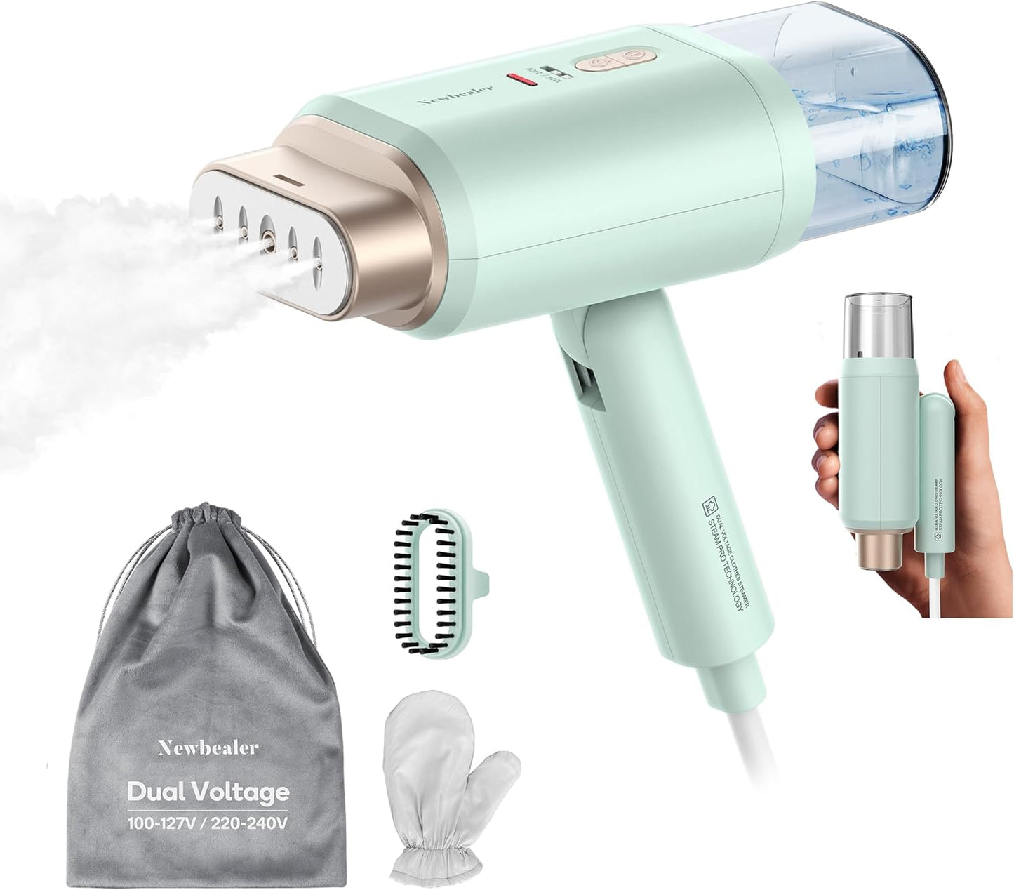 Newbealer Travel Steamer - Dual Voltage 1200W Fabric Wrinkle Remover | Fast 20s Heat-Up, Foldable, 180ml (Green)