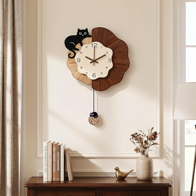 Vintage Farmhouse Cat Wall Clock with Pendulum 16x24in - Large Wall Clock for Bedroom, Silent Movement - Cat+Large