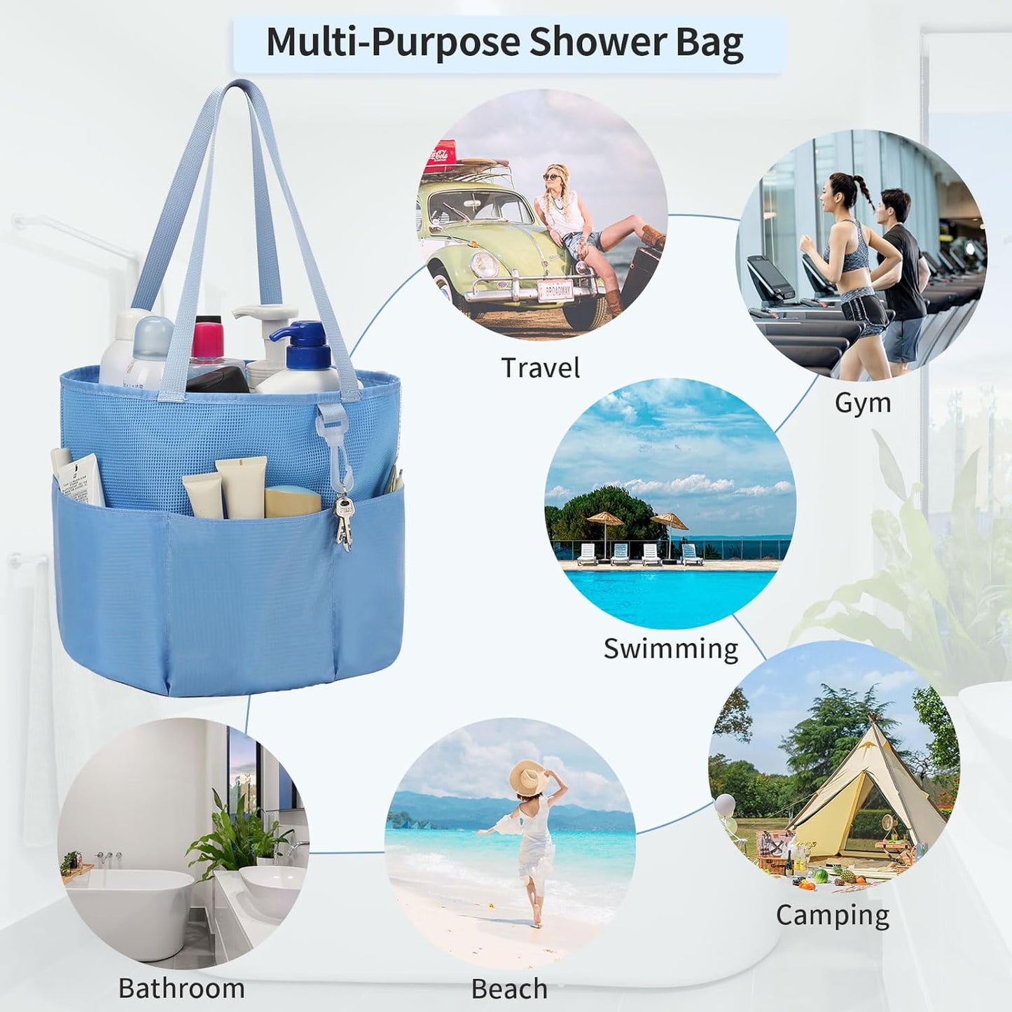 Skiennix Mesh Shower Caddy - Portable Travel Toiletry Bag with Large Capacity | Quick Dry Design in Blue
