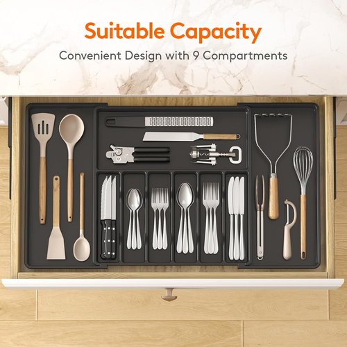Lifewit Silverware Drawer Organizer, Expandable Utensil Tray for Kitchen, BPA Free Flatware and Cutlery Holder, Adjustable Plastic Storage for Spoons Forks Knives, 18- 33 x 18.5", Black