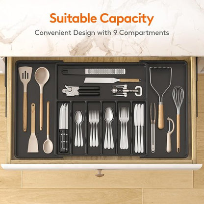 Lifewit Silverware Drawer Organizer, Expandable Utensil Tray for Kitchen, BPA Free Flatware and Cutlery Holder, Adjustable Plastic Storage for Spoons Forks Knives, 18- 33 x 18.5", Black