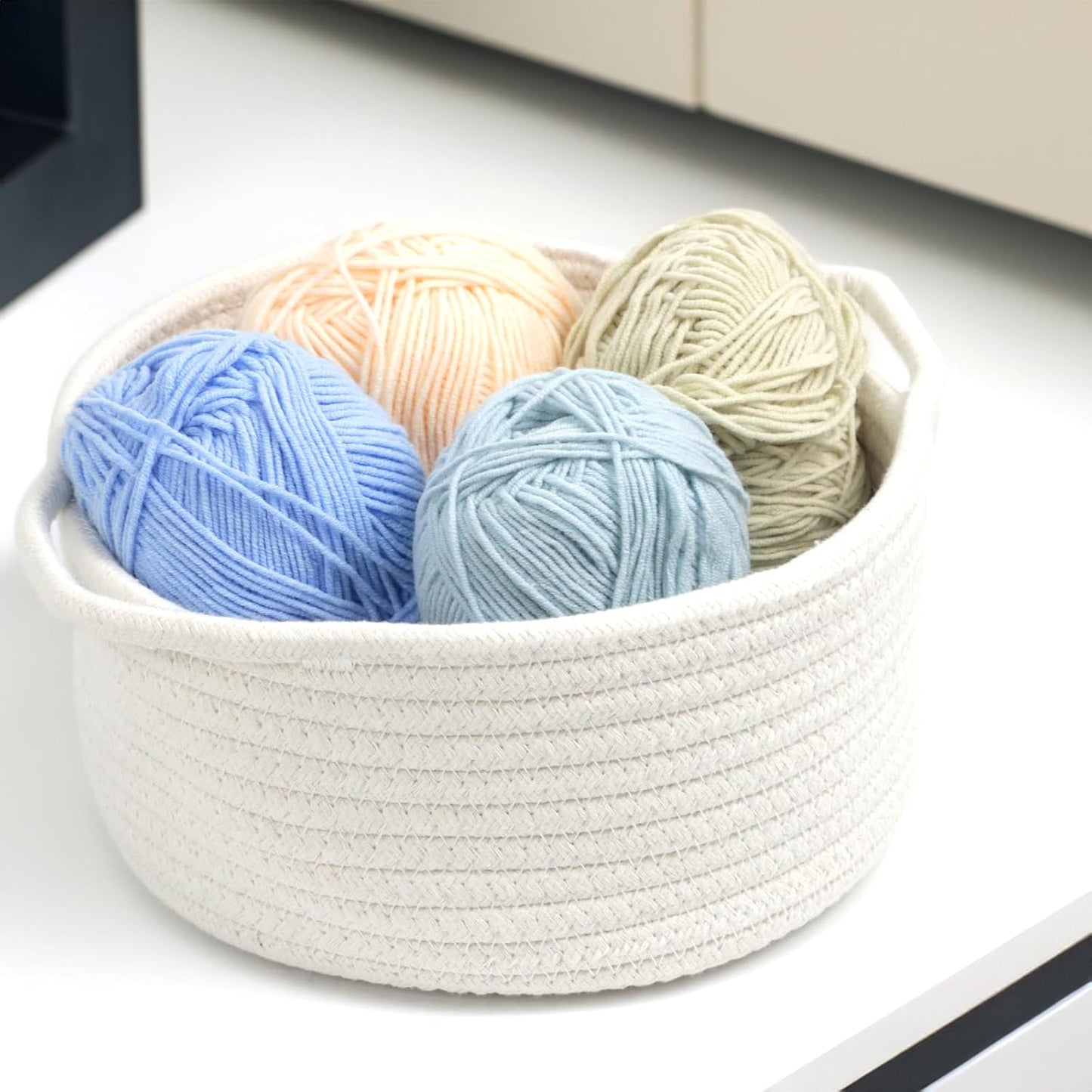 Small Woven Basket with Handle - Cute White Storage Bin for Organizing | Cotton Rope Nursery Gift Basket