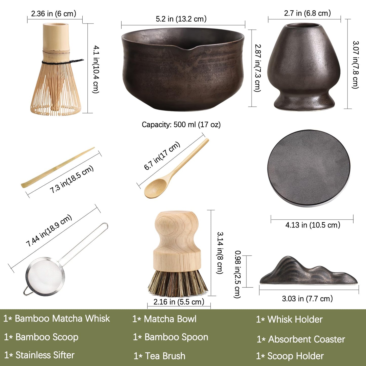 Ochcahser Matcha Whisk Set, Matcha Bowl with Spout and Coaster, Matcha Whisk and Holder, Sifter, Scoop, Spoon, Cleaning Brush - 10 Pcs Complete Ceramic Matcha Kit