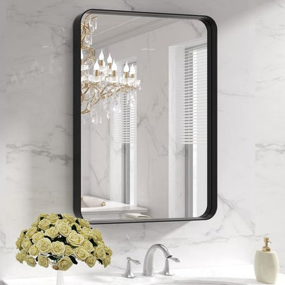 LOAAO Black Metal Framed Bathroom Mirror - 22x30 Inch Rounded Rectangle, Anti-Rust, Versatile Hanging Options