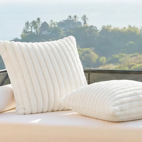 Bedsure Double-Side Striped Decorative Throw Pillow Covers 18x18 Set of 2, Spring White Fluffy Soft Pillow Covers, Home Decor for Couch Sofa Living Room Bedroom