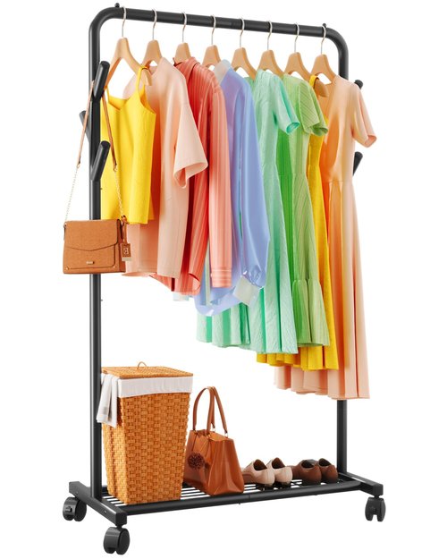 Sakugi Clothes Rack - Metal Coat Rack with Bottom Shelf, Portable Wardrobe Rack with 6 Side Rods, Rolling Clothing Rack for Hanging Clothes for Bedroom or Laundry Room (Black, 28.7 x 17 x 59.4)