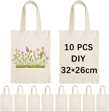 OKBA Mini Tote Bags - 10PCS 10.2" x 12.6" Reusable Blank Canvas Bags for Kids DIY Projects