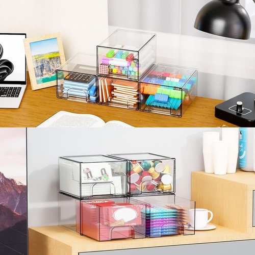 4.4" Tall Small Clear Acrylic Stackable Storage Drawers for Vanity,Under Sink,Bathroom Closet,Medicine Cabinet Organization and Plastic Storage Bins for Organizing Makeup,Baby Bottles,Pacifier,6 PCS
