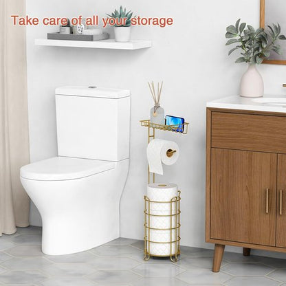 Goozii Gold Free Standing Toilet Paper Holder - Metal Tissue Stand with Phone Shelf & Wipes Tray