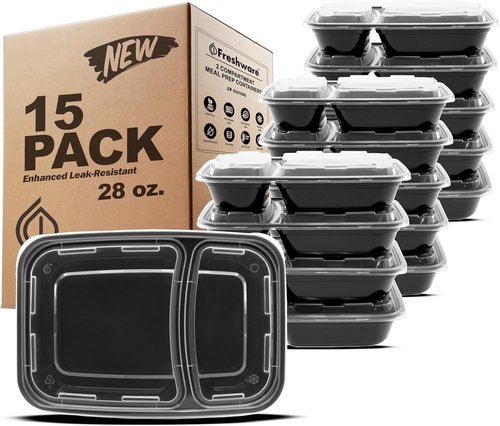 Freshware Meal Prep Containers - 15 Pack 2-Compartment Food Storage Bento Boxes | BPA-Free, Stackable, 28 oz, Black