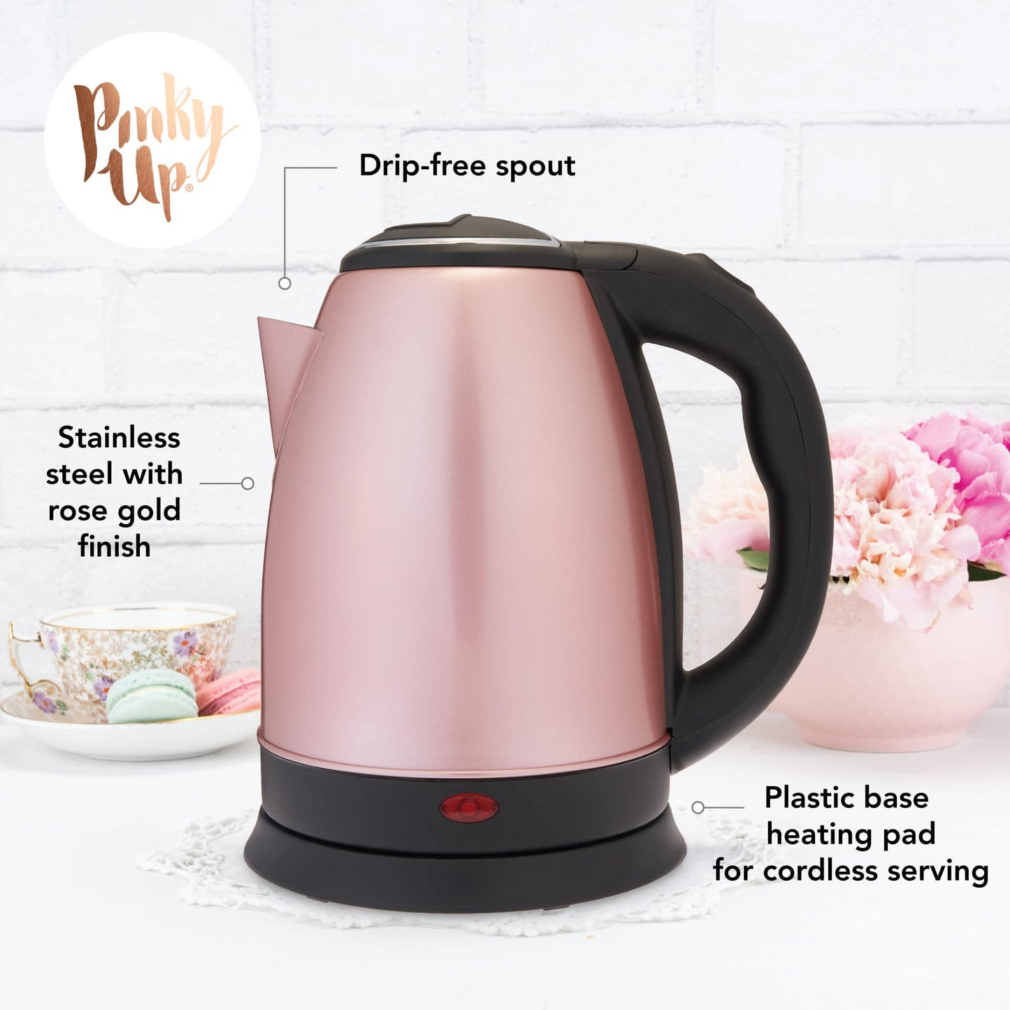 Pinky Up Parker Electric Tea Kettle, Hot Water Dispenser, Automatic Shut Off, Stainless Steel Cordless Electric Teapot, 56oz, Rose Gold