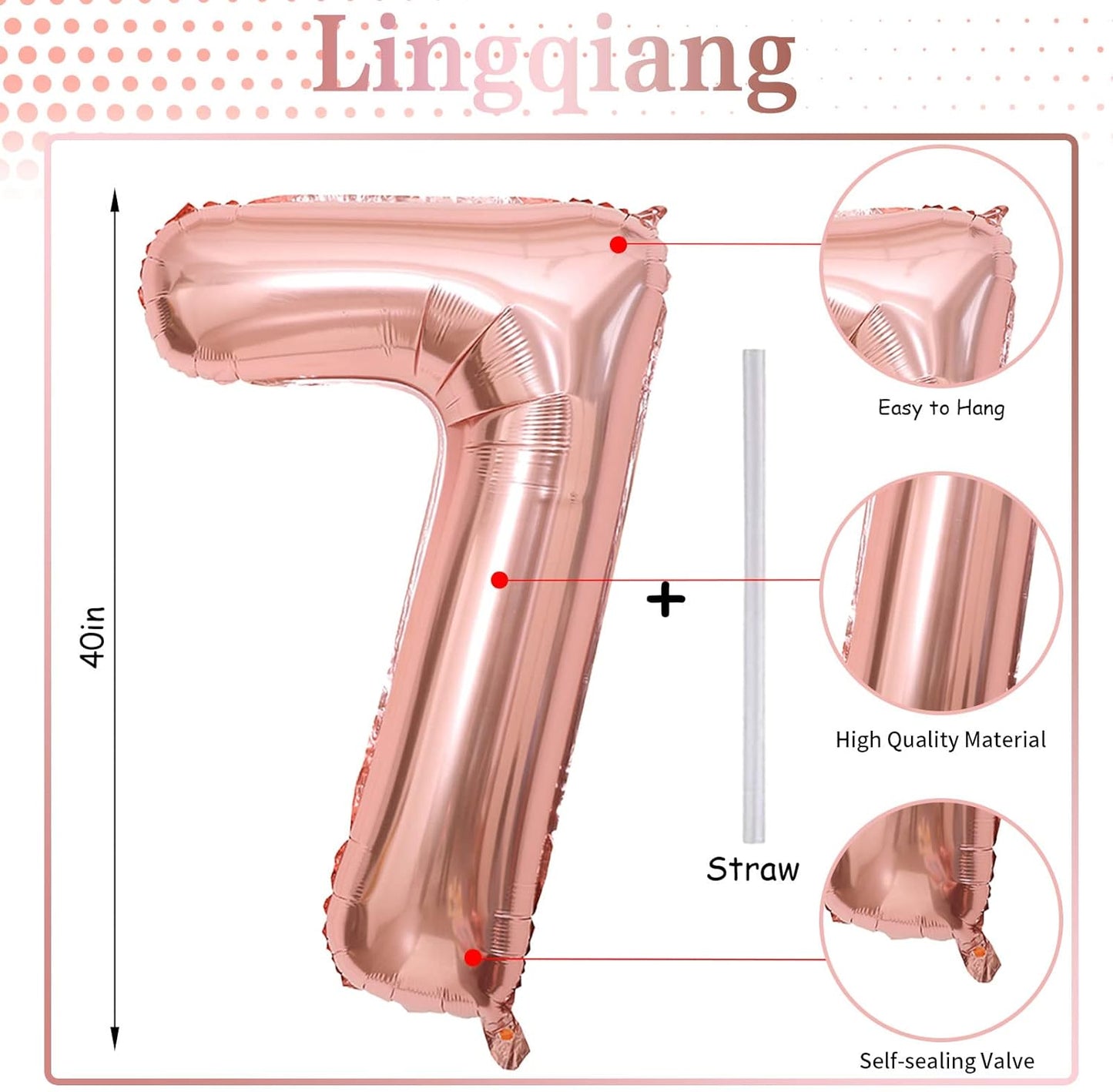 Rose Gold Number Balloons - 40-Inch Large Foil Mylar Number 7 - Self-Inflating for Birthday & Graduation Decor