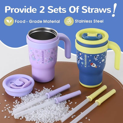 KXIAOCHEN Kids Tumbler - 14 oz Insulated Stainless Steel with Handle | Spill Proof & Keeps Drinks Cold Up to 24 Hrs - Mermaid & Spaceman Designs