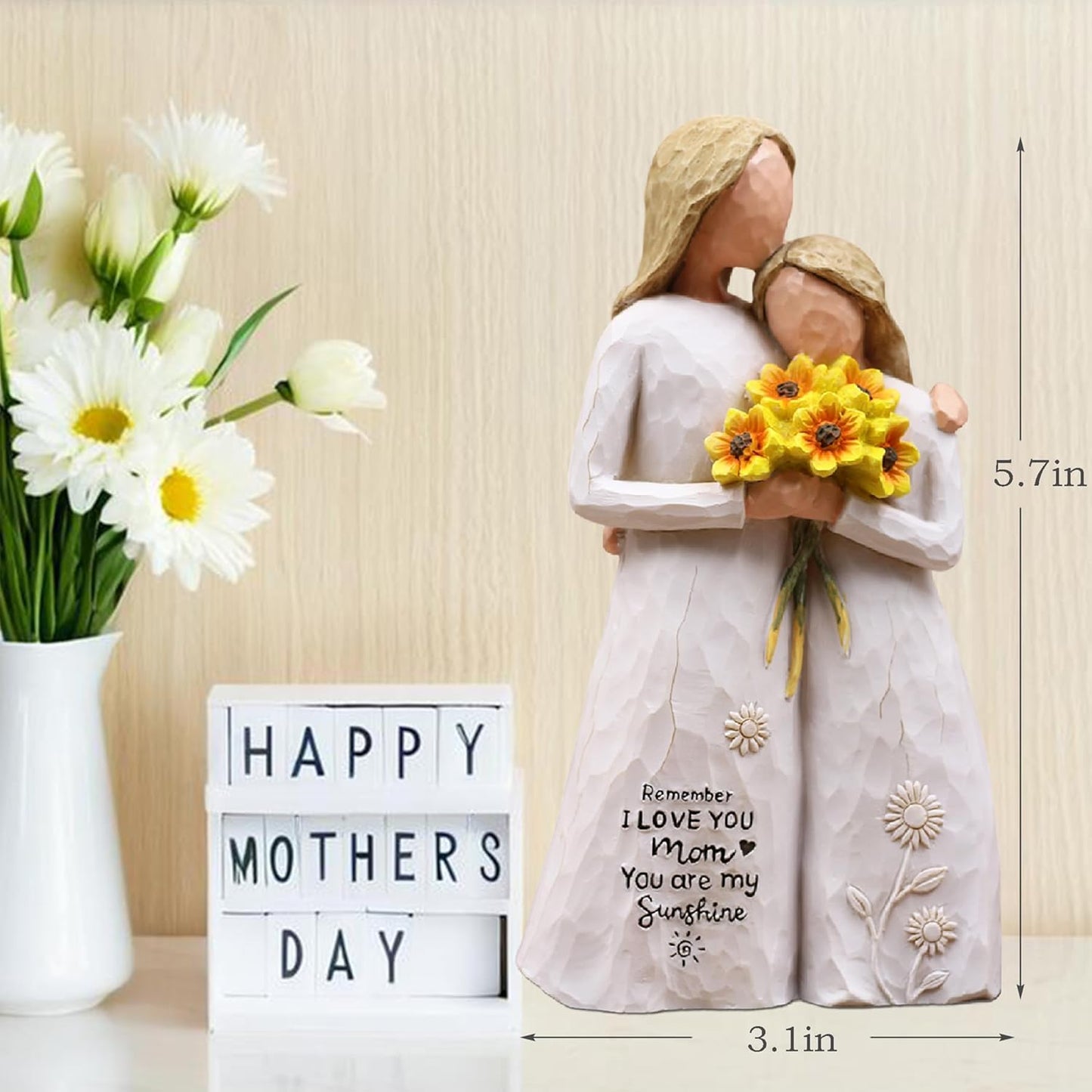 Regine Switzerland Hand-Painted Mother Daughter Figurine - 5.7" Resin Keepsake with Sunflowers for Mom's Birthday, Mother's Day, or Christmas