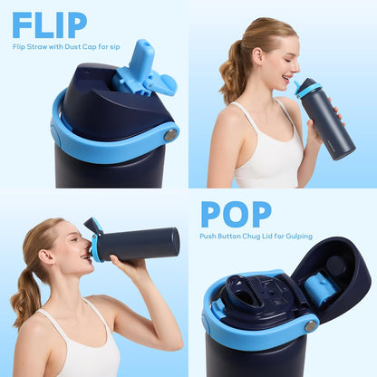 Skiennix 32 Oz Insulated Water Bottle - 2-in-1 Quick Flip Straw & Push Button Lid | Leakproof, Blue