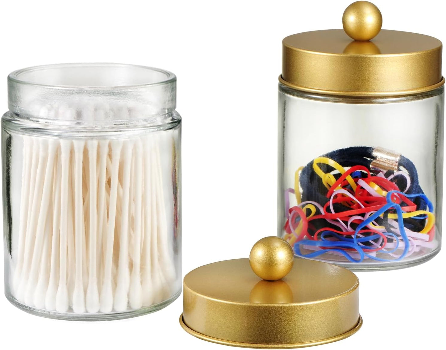 SheeChung Qtip Dispenser Holder Set - 4 Glass Apothecary Jars with Gold Lids & Stickers | Bathroom Storage Organizer