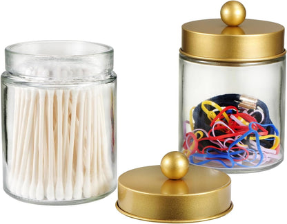 SheeChung Qtip Dispenser Holder Set - 4 Glass Apothecary Jars with Gold Lids & Stickers | Bathroom Storage Organizer
