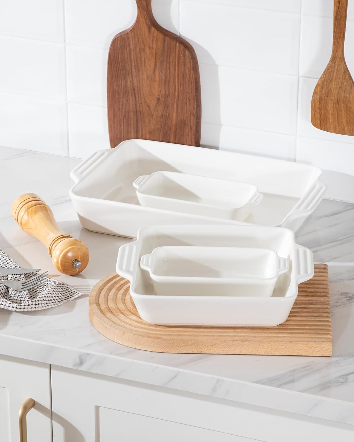 Sweejar Ceramic Bakeware Set - 4 Rectangular Casserole Dishes with Handles for Oven Cooking | White