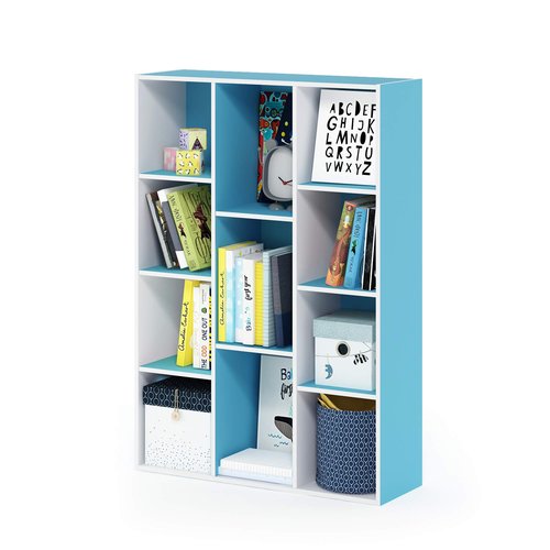 Furinno LUDER Book Shelf, 11-Cube Bookshelf, Reversible Bookcase, 9.4 x 29.1 x 41.7, Easy Assembly, for Living Room, Bedroom, Home Office, White/Light Blue