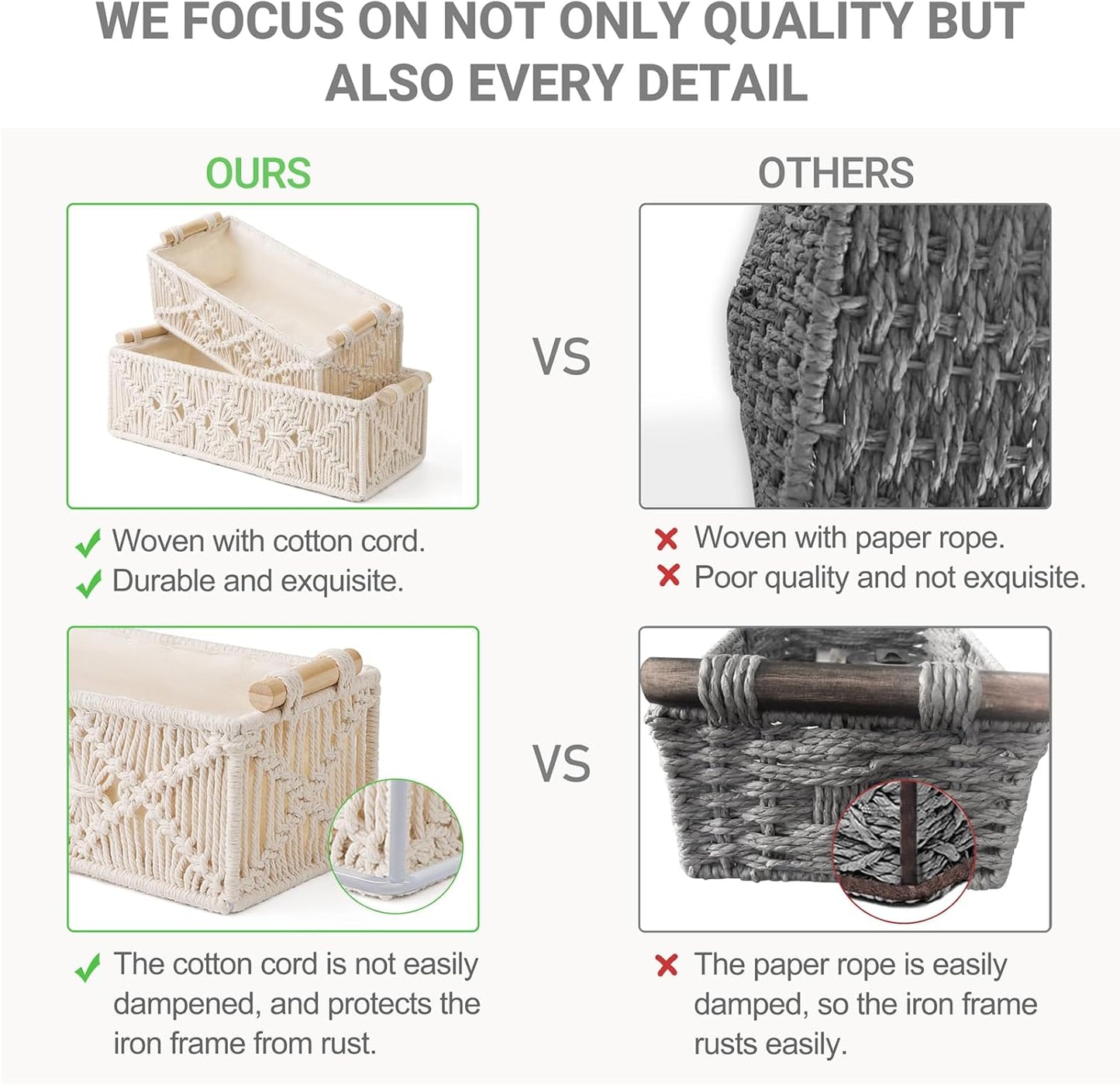 Mkono Macrame Storage Baskets - Handmade Woven Organizer for Home Décor | Set of 2, Ivory