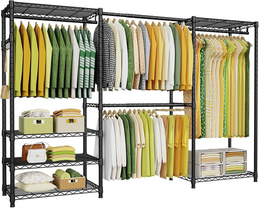 Ulif E1 Heavy Duty Closet Garment Rack - 6-Tier Adjustable Metal Storage | Expandable Wardrobe, Black, 71.4" H x 70"-88.2" L x 14" D