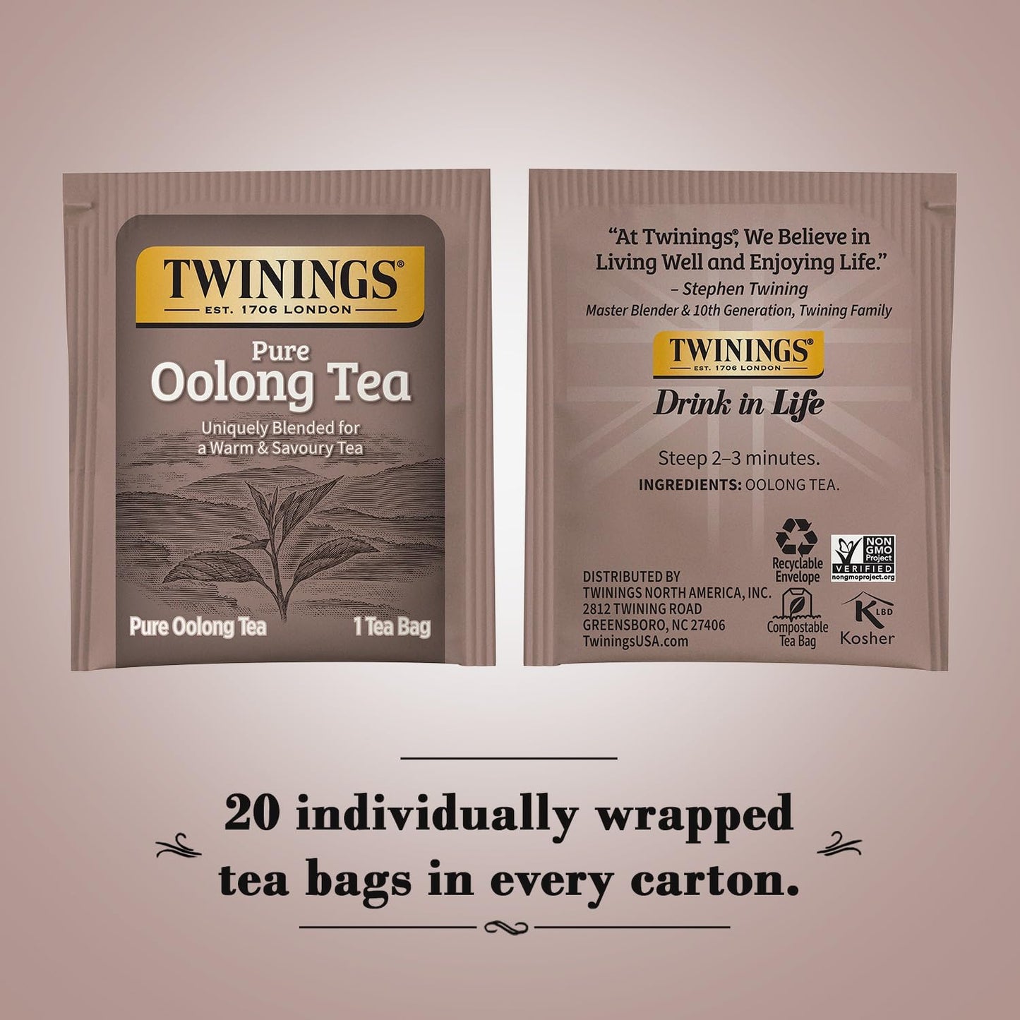 Twinings Pure Oolong Tea - Golden Caffeinated Tea Bags, 20 Count Each, Individually Wrapped | 2-Pack
