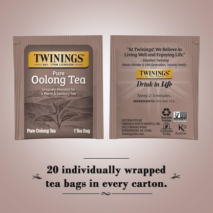 Twinings Pure Oolong Tea - Golden Caffeinated Tea Bags, 20 Count Each, Individually Wrapped | 2-Pack