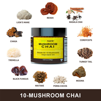 Mushroom Chai - 40 Servings, 10 Mushrooms Extract Powder with Masala Chai - Coffee Alternative, 120g