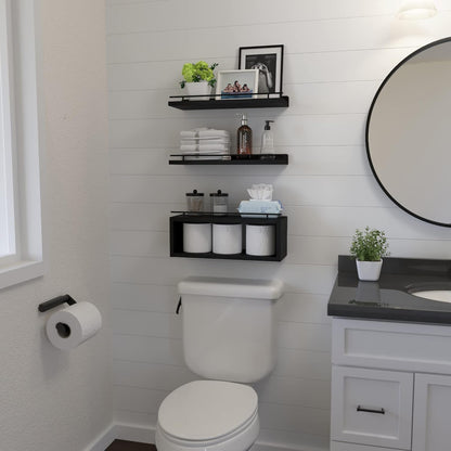 WOPITUES Floating Wall Shelves - Stylish Cube Shelf with Metal Rail for Bathroom Storage | Black