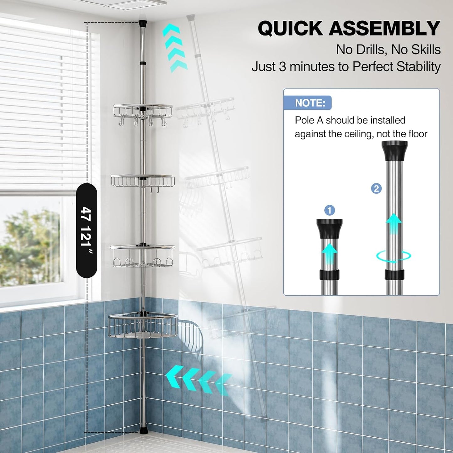Stainless Steel Corner Shower Caddy by [Brand Name] - Rustproof 4-Tier Tension Pole Organizer | Adjustable 47-121 Inch for Bathtub & Shampoo Storage - Silver