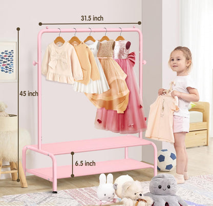 Mirolam Kids Clothing Rack - Dress Up Storage for Little Girls - Small Costume Wardrobe with 2 Fabric Shelves | Princess Room Decor
