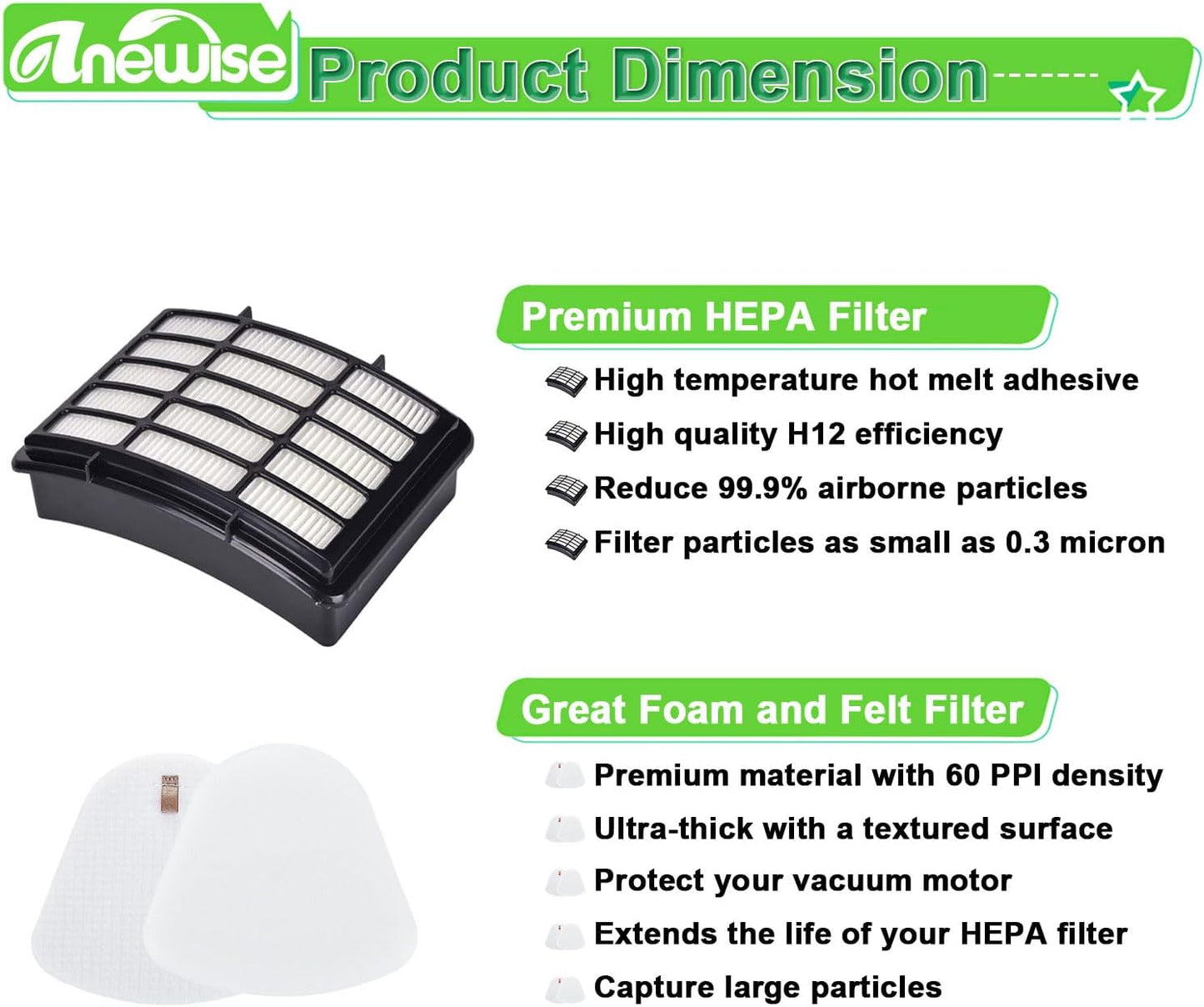 Anewise HEPA Filter Replacement for Shark Navigator Lift-Away Vacuums | 1 HEPA + 2 Pre-Felt Filters