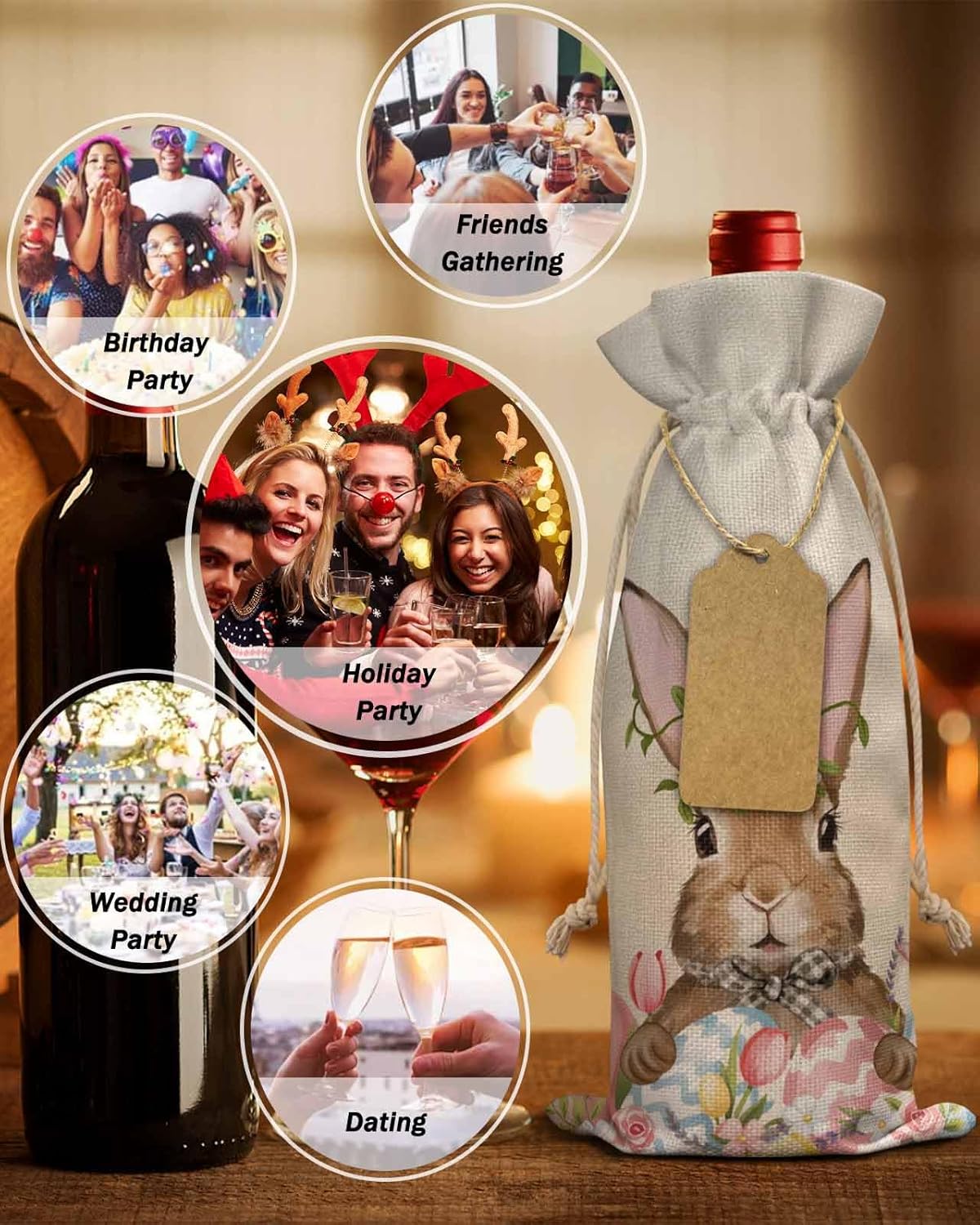 PIEPLE Easter Bunny 10PCS Wine Bottle Bags, Wine Bottle Cover with Drawstring, Gift Bag for Champagne, Wedding, Birthday, Party Spring Colorful Easter Eggs Flowers Burlap