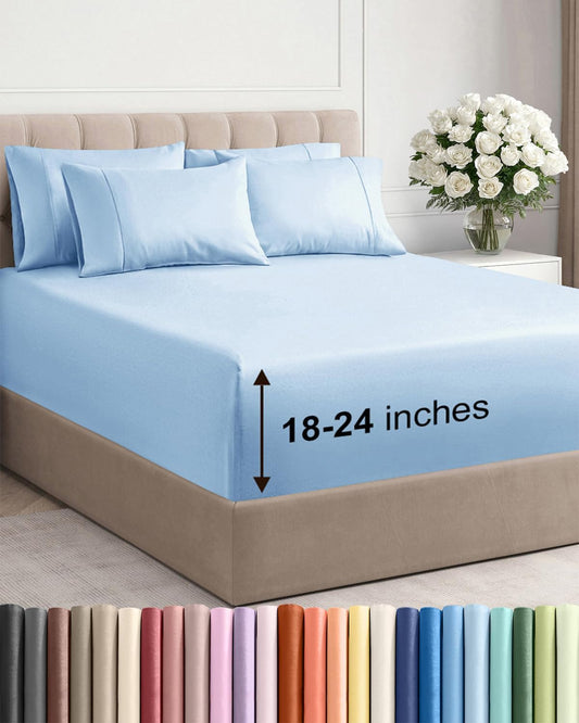 Skiennix Extra Deep Full Sheet Set | 6-Piece Breathable Cooling Bedding - Soft, Wrinkle-Free Light Blue