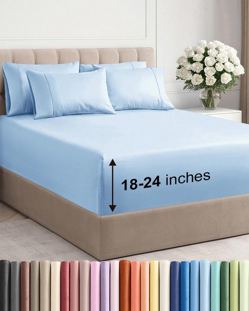 Extra Deep Cal King Sheet Set - 6 Piece Breathable and Cooling Sheets - Hotel Luxury Bedding for Women, Men, Kids & Teens - Easy & Secure Fit - Soft and Wrinkle Free - Extra Deep Pockets - Light Blue
