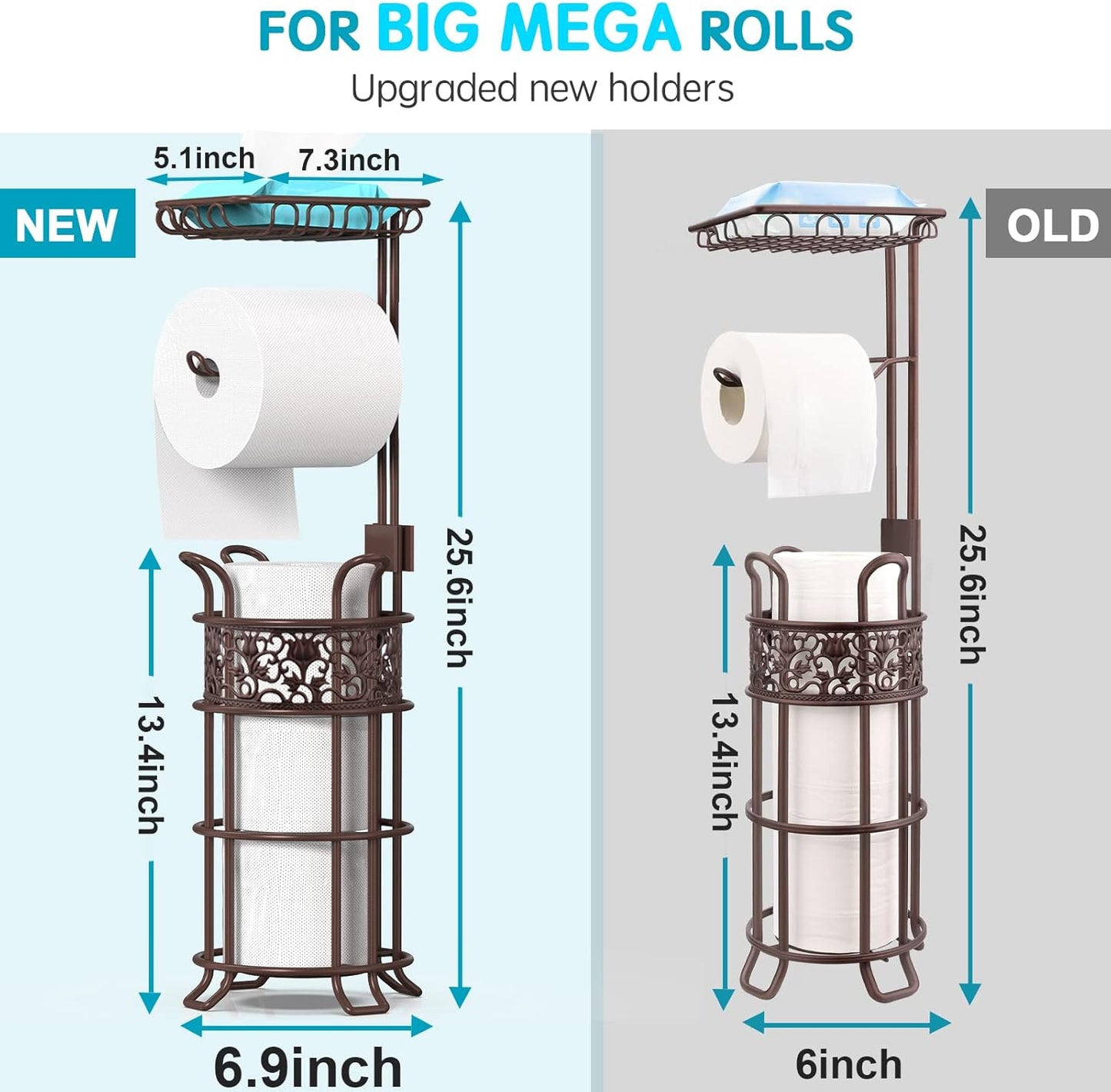 Skiennix Toilet Paper Holder Stand - Sturdy Freestanding Dispenser for 3 Jumbo Rolls | Floral Pattern, Bronze Red