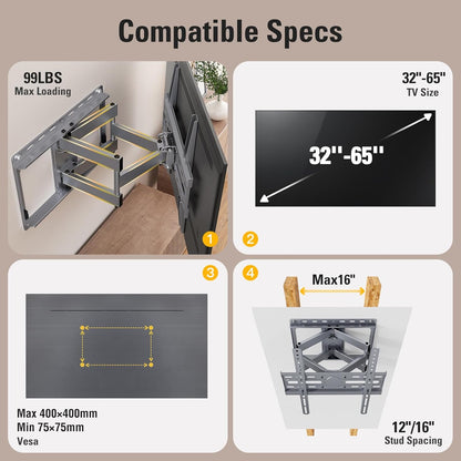 Mounting Dream TV Wall Mount - Full Motion Bracket with Swivel & Tilt for 32-65 Inch TVs | Max VESA 400x400 mm, 99 lbs Capacity