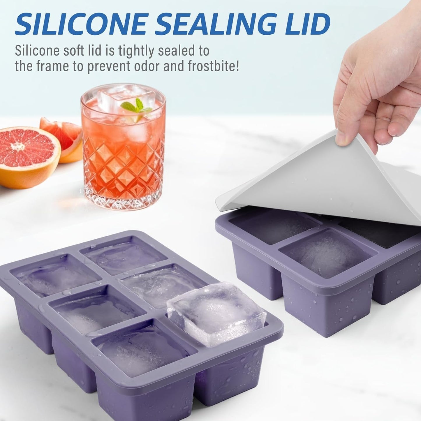 Mossime Silicone Ice Cube Tray - 2-Pack Large 2-Inch Whiskey Molds with Lid | Easy Release for Cocktails & Baby Food